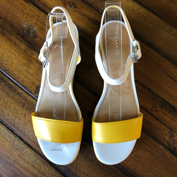 Coach Yellow White Open Toe Leather Wedge Sandals - Picture 4 of 8